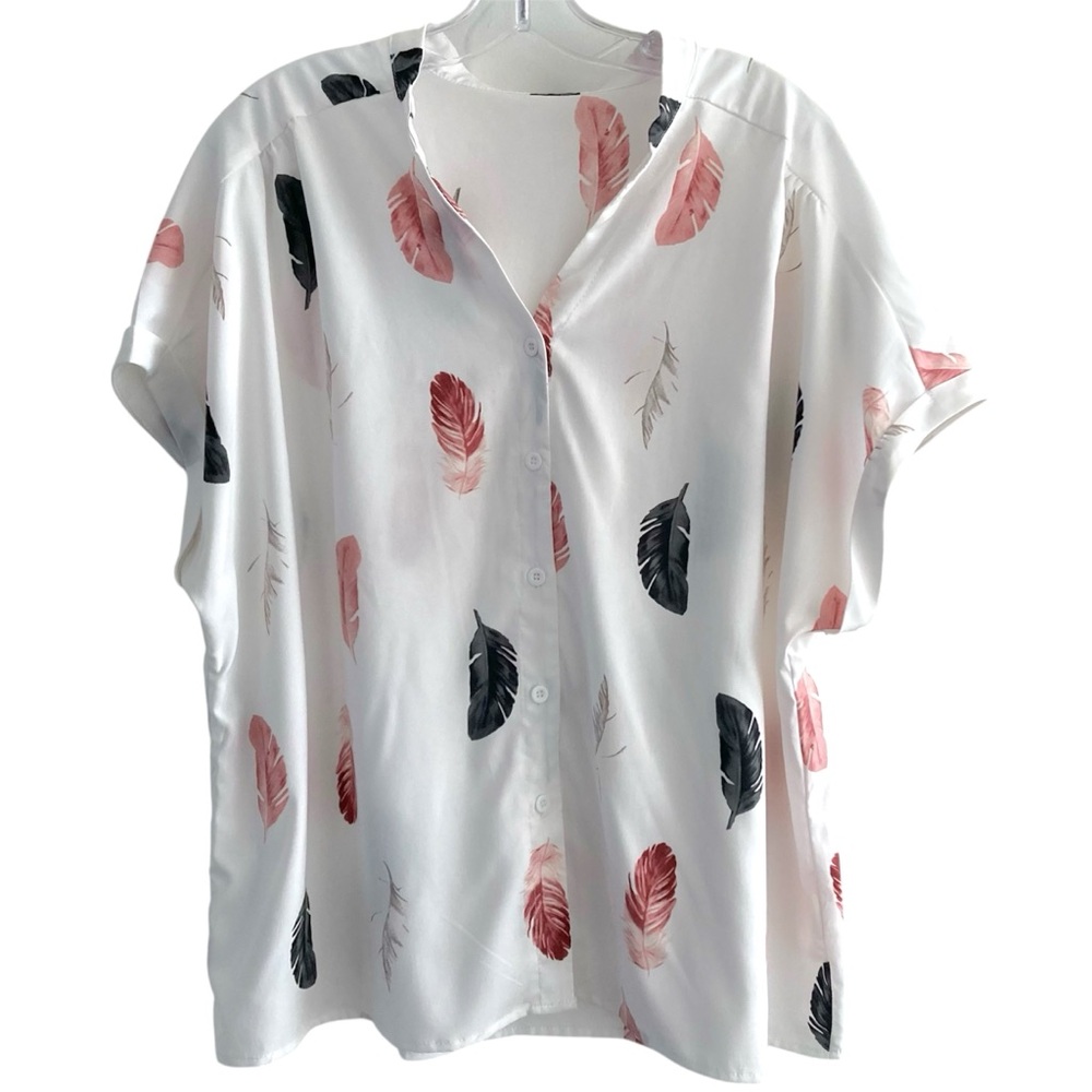 White Button-Up Shirt with Feather Pattern